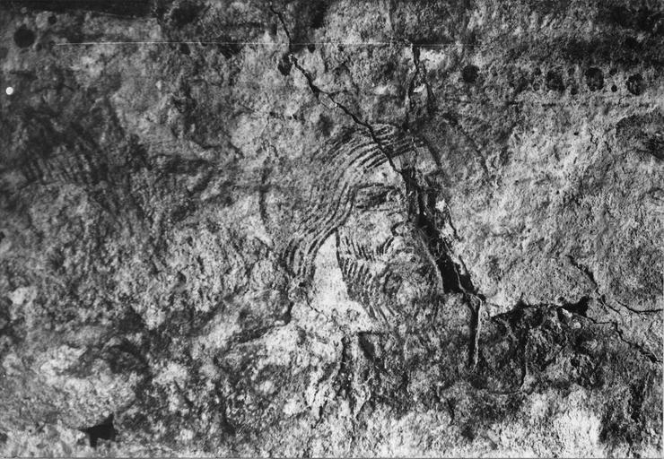 Peinture monumentale : détail du visage d'un saint barbu, peut-être le Christ, peinture sur enduit