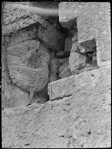 Pierre sculptée, coqs à visage humain, sur un mur extérieur