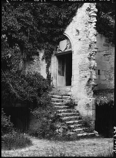 Porte d'entrée et escalier extérieur sous les feuillages