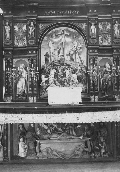 retable, bas-relief et statuettes, vue générale