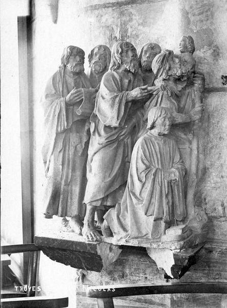 groupe sculpté : donateur et cinq saints, vue générale