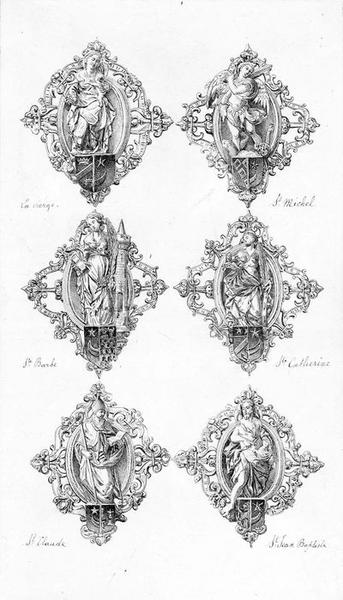 clefs de voûte : Vierge à l'Enfant, sainte Barbe, sainte Catherine, saint Jean-Baptiste, saint Michel, saint Claude, vue générale