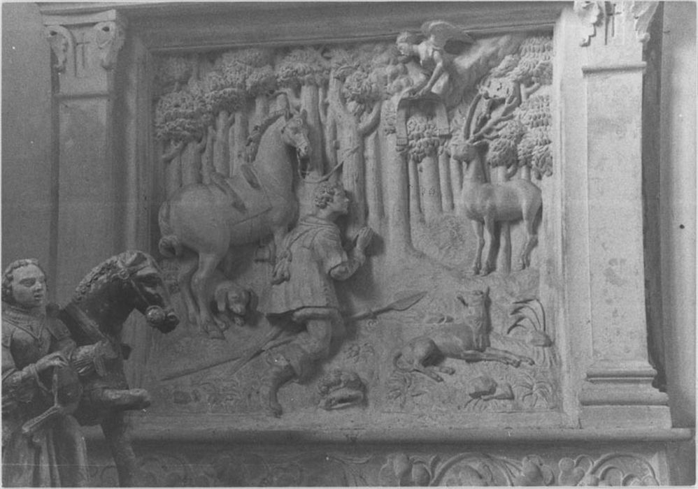 Haut-relief de retable : Chasse de saint Hubert