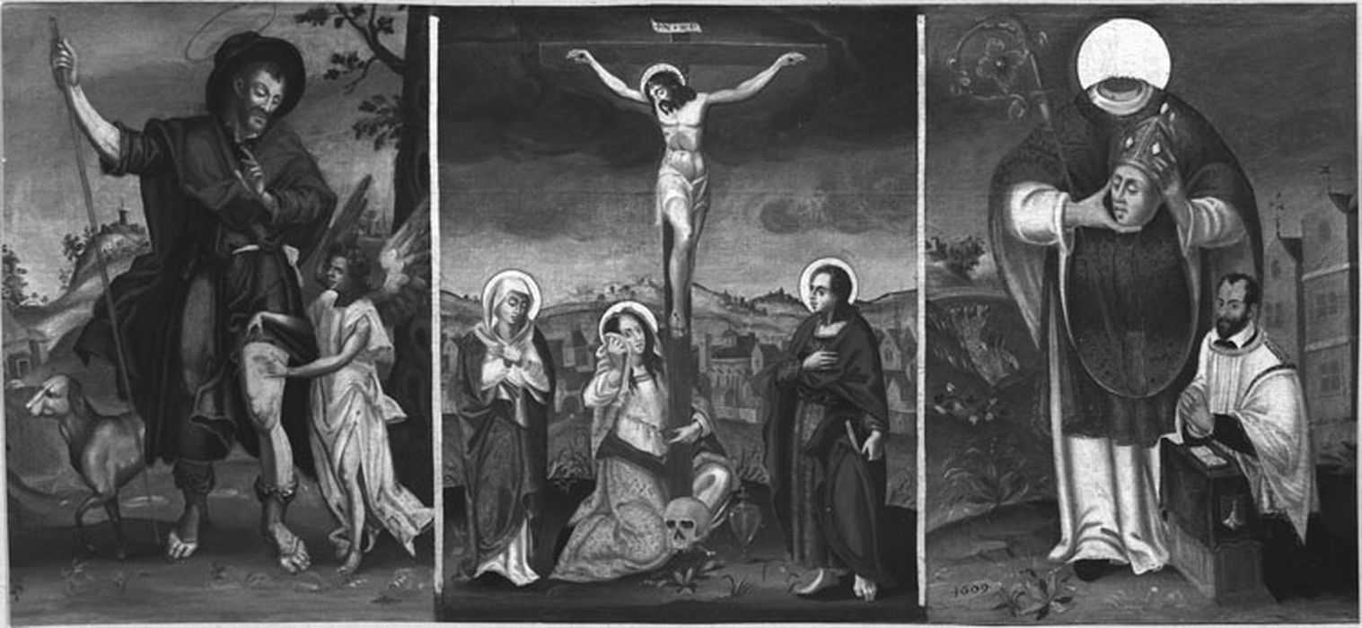 Triptyque : Calvaire, saint Roch, saint Denis, après restauration