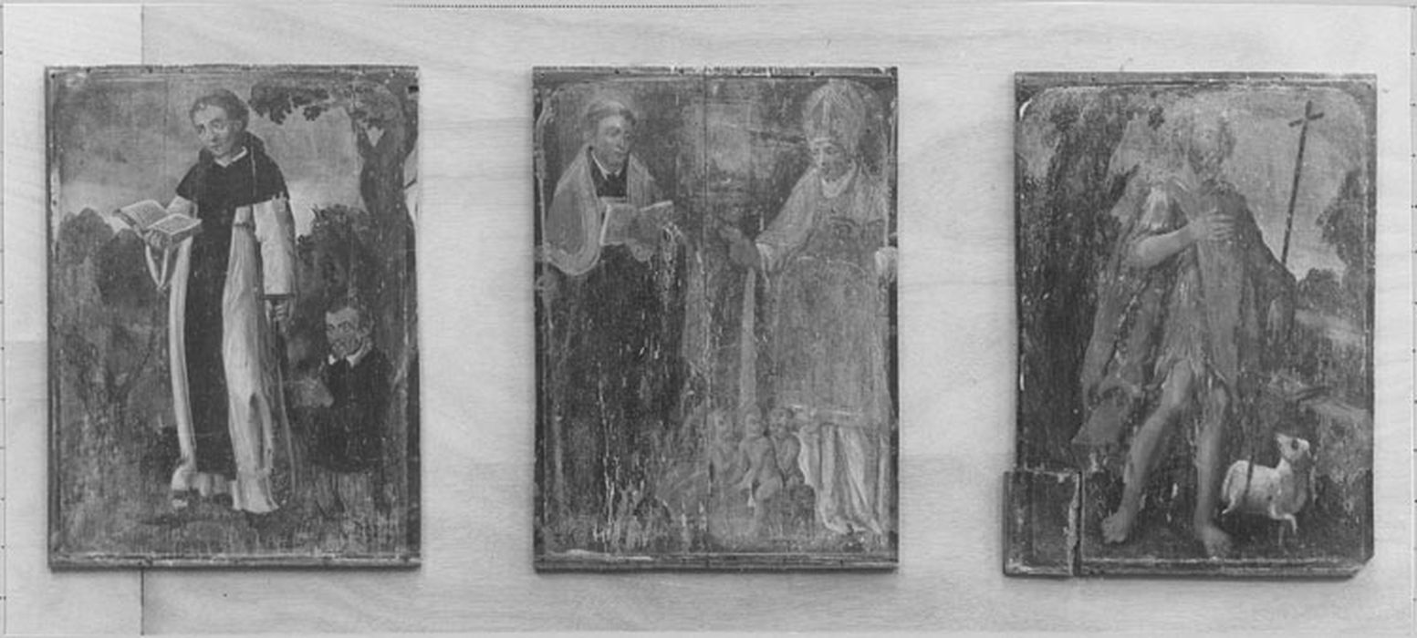 Triptyque : Saint Nicolas et saint Lyé, saint Fiacre et donateur, saint Jean-Baptiste, avant restauration