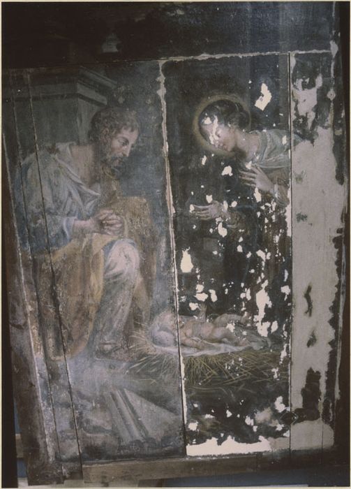 Lambris de revêtement, panneau peint avant restauration (Nativité)