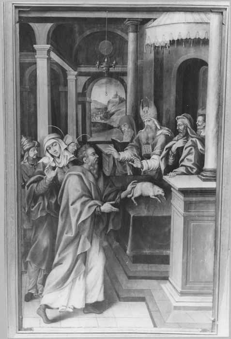 Panneau peint dit panneaux Fliche : avers, Offrande de saint Joachim refusée, après restauration (1974)