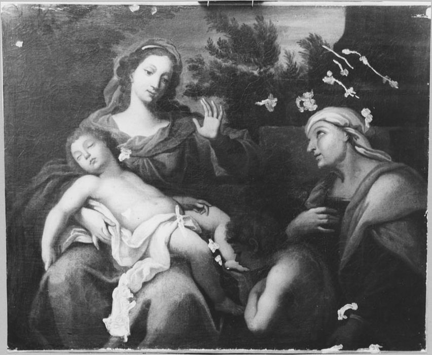 Tableau : Vierge à l'Enfant, sainte Anne et saint Jean-Baptiste, après nettoyage et avant restauration