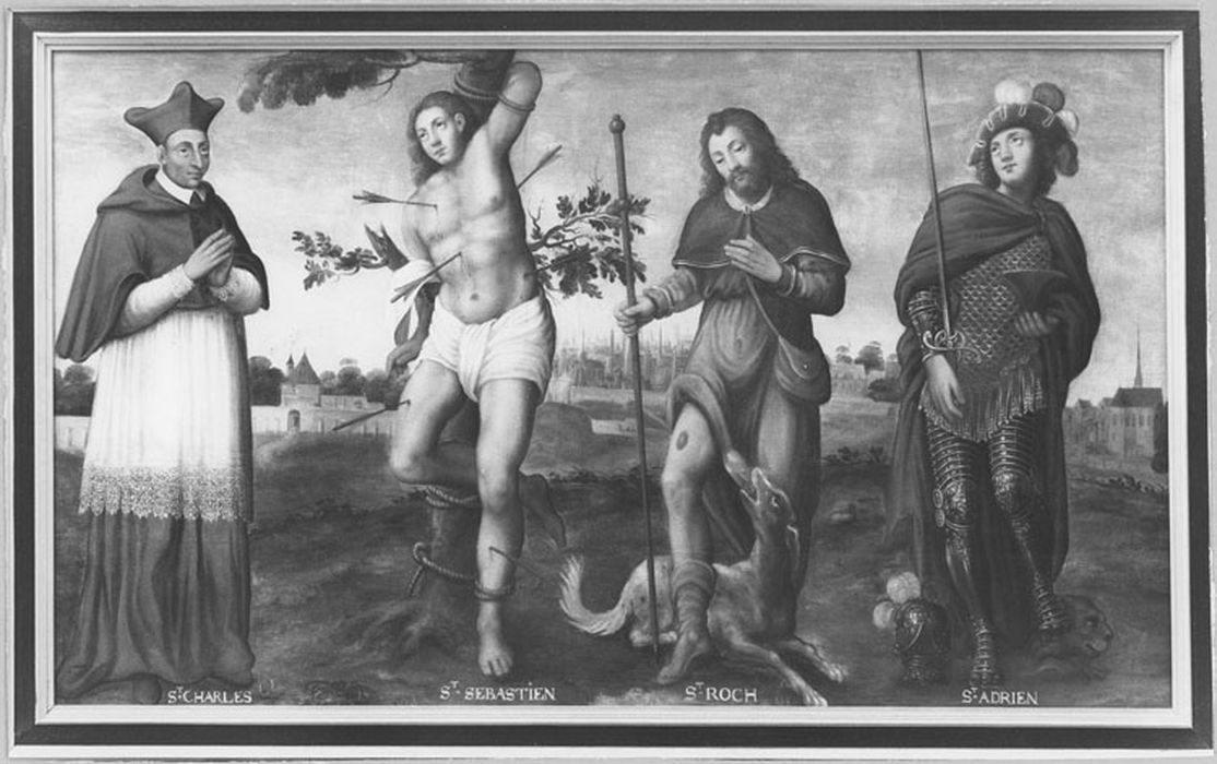 Tableau : Saint Charles Borromée, saint Adrien, saint Sébastien, saint Roch, après restauration