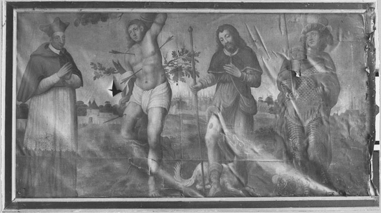 Tableau : Saint Charles Borromée, saint Adrien, saint Sébastien, saint Roch, avant restauration