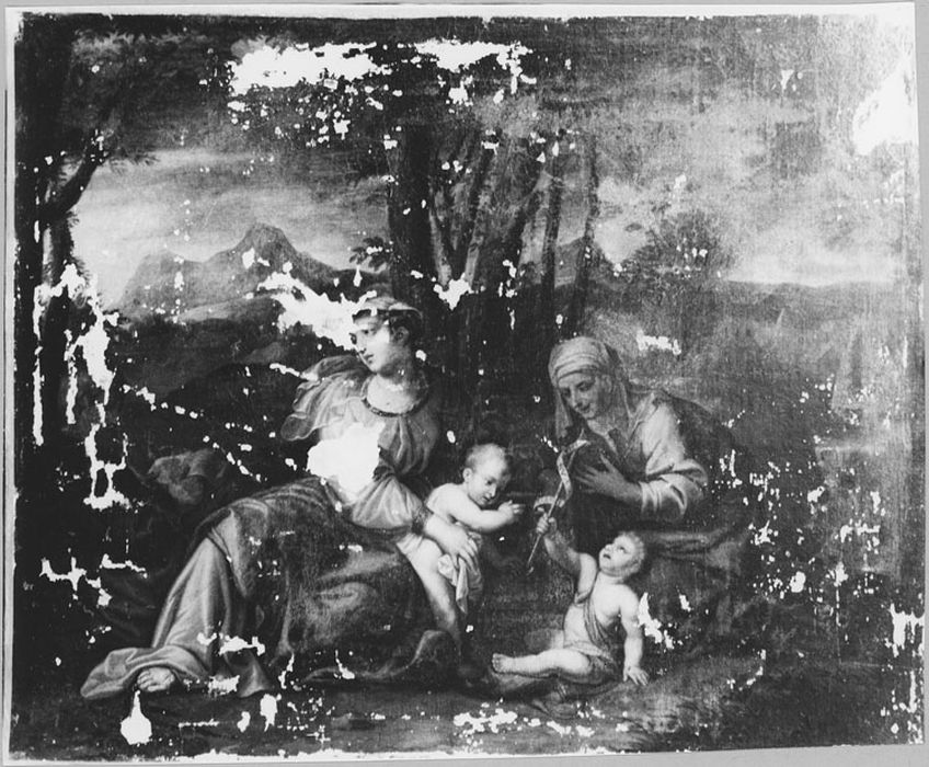 Tableau : Vierge et l'Enfant Jésus, avec sainte Élisabeth et saint Jean-Baptiste enfant, après nettoyage et avant restauration (1974)