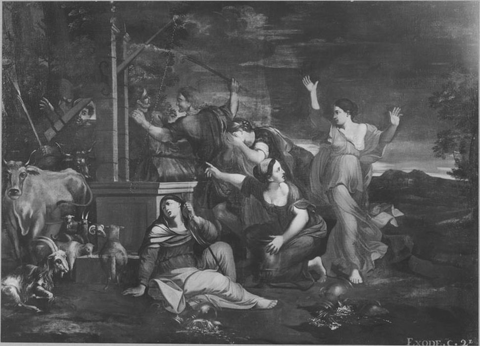 Tableau : Moïse et les filles de Raguel, après restauration