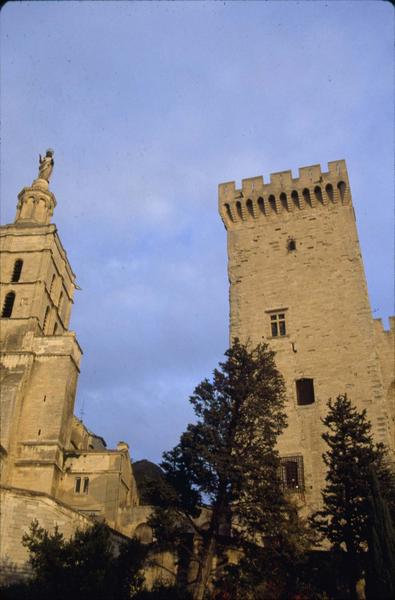 Tour surmontée de la statue de Notre-Dame et tour du Palais des Papes, côté ouest