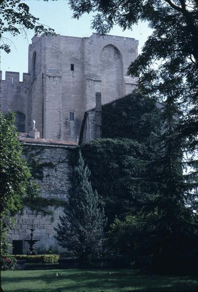 Maisons situées au sud du Palais des Papes. Le jardin et la tour sud-ouest du palais