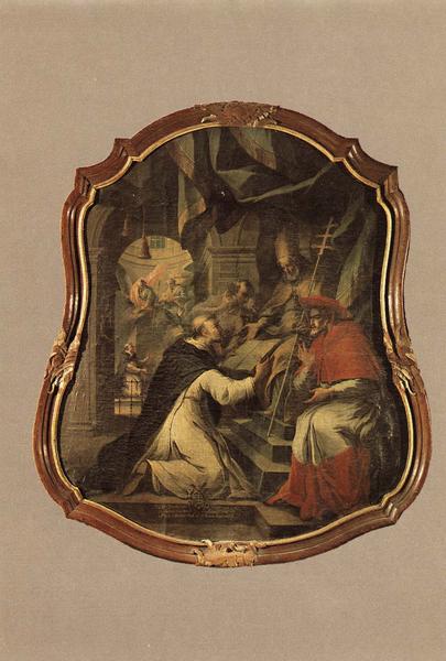 tableau, cadre : Saint Dominique présentant au pape Honorius III les constitutions de son ordre, vue générale