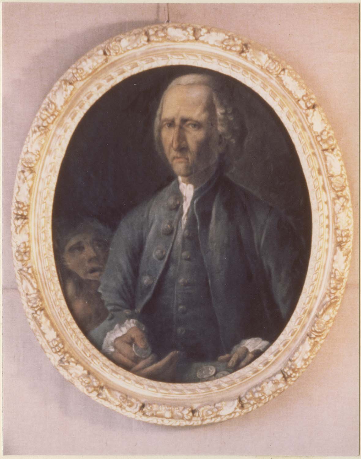 tableau : Bienfaiteur tenant dans ses mains des pièces de monnaie, cadre, vue générale