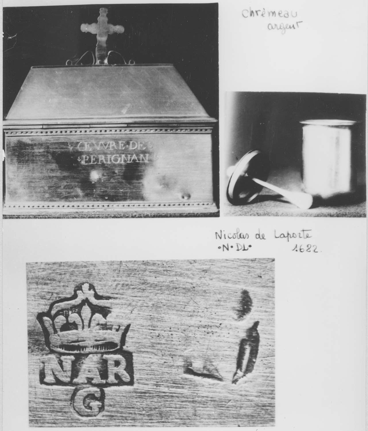 coffret aux saintes huiles avec ampoules (chrémeau), vue générale, détail des poinçons