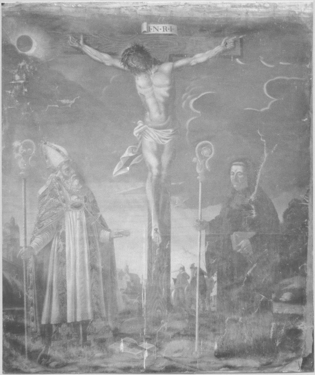 tableau : Le Christ en croix entre saint Polycarpe et saint Benoît, vue générale