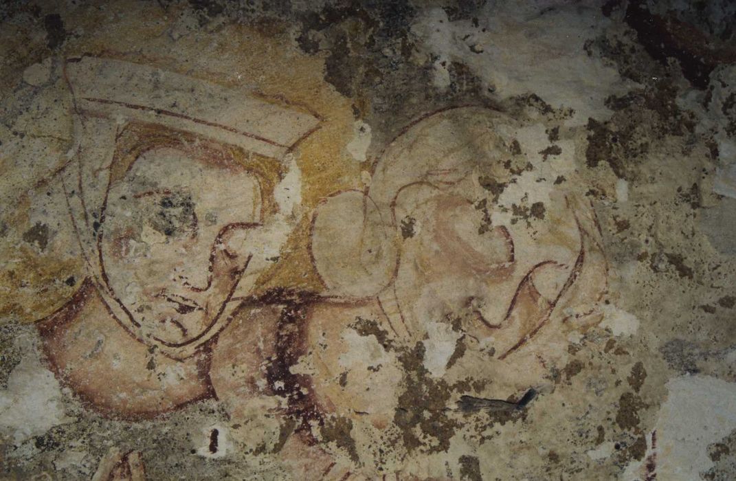 Eglise du prieuré Saint-Germain de La Celle : Peinture monumentale, scène illustrant un couple de gisants, détail