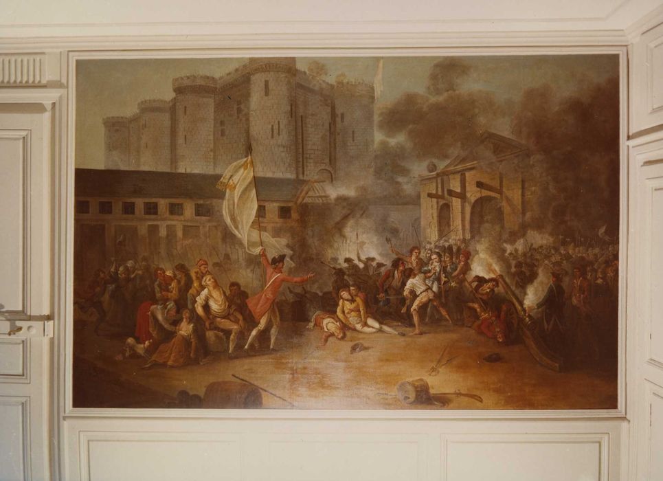 Maison : Petit salon, détail d’une peinture intégrée dans les lambris de revêtement : Prise de la Bastille (l’)