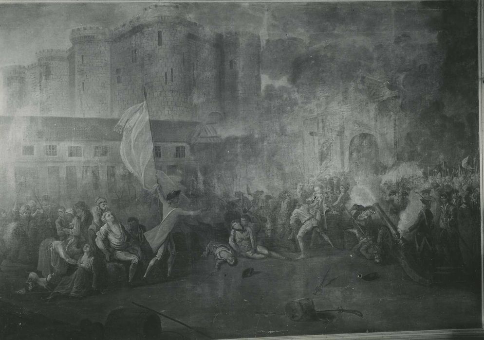 Maison : Petit salon, détail d’une peinture intégrée dans les lambris de revêtement : Prise de la Bastille (l’)