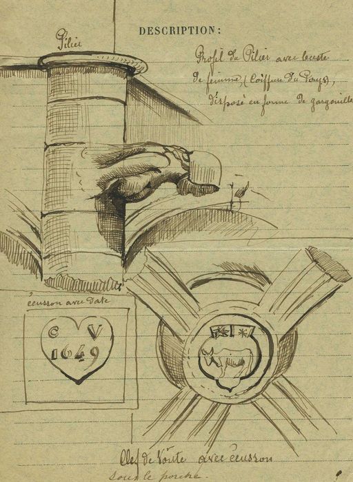 Prévôté : Détails de la clef de voûte et de la gargouille