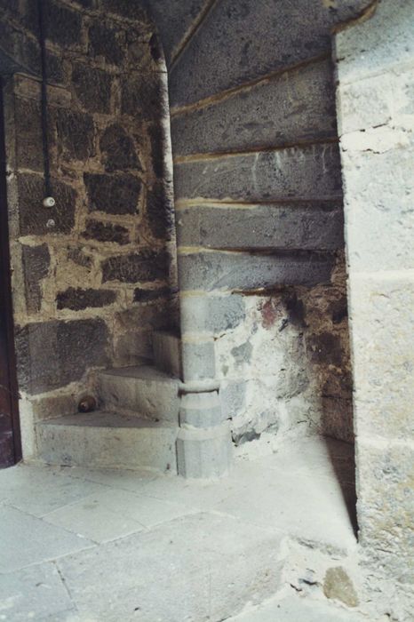 Château de Mazerolles : Donjon, escalier à vis, détail du noyau central