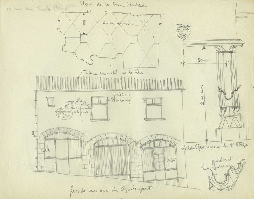 Maison (auberge de la Couronne) : Façade sur rue, plan de la maison et détails architecturaux, vue générale