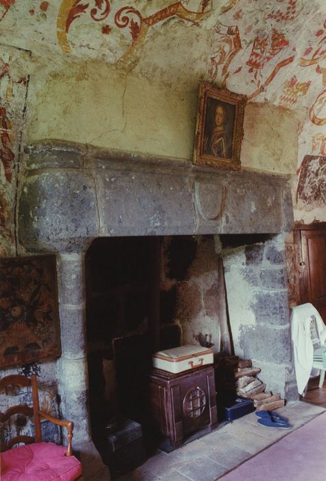 Château de Vals : 1er étage, petite salle aux peintures, cheminée, vue générale