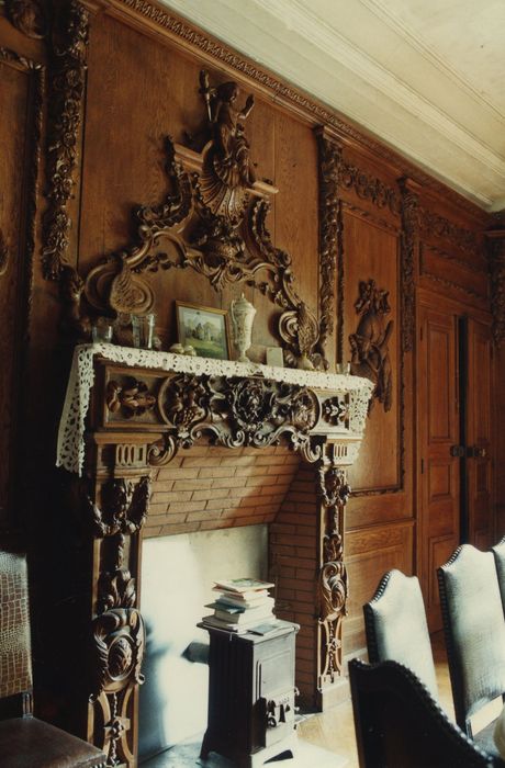 Château de Vaux : Donjon, rez-de-chaussée, cheminée de la salle à manger, vue générale