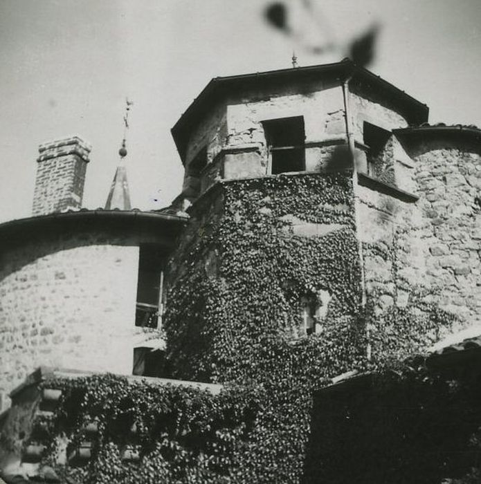 Château d'Aurec : Tour d’escalier de la cour intérieure, vue partielle