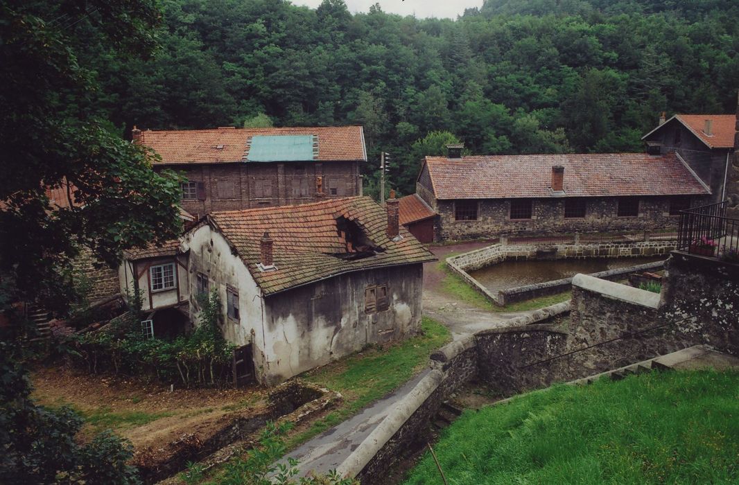 Fabrique de faux Dorian du Foultier, actuellement musée : Vue générale des bâtiments depuis le Sud (maison Massenet, maison Hollwarth et usine)