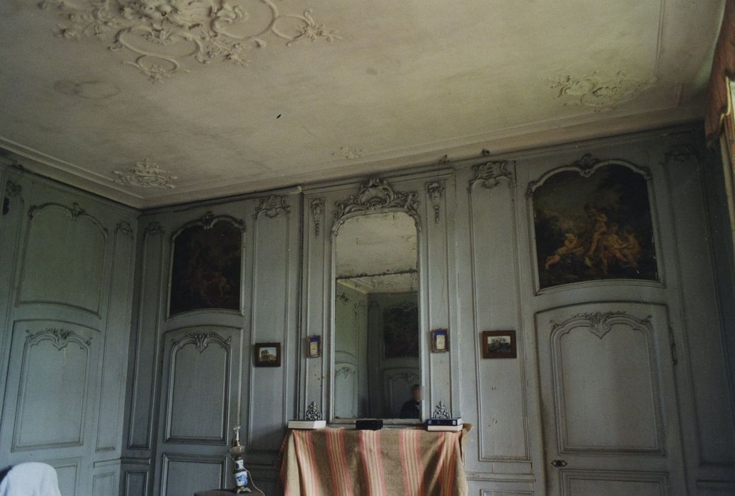 Domaine du château de Vésigneux : 1er étage, chambre, lambris de revêtement, vue partielle