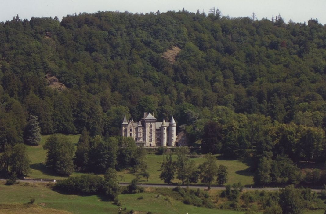 Château d'Anterroches : Vue générale du château dans son environnement depuis le Sud