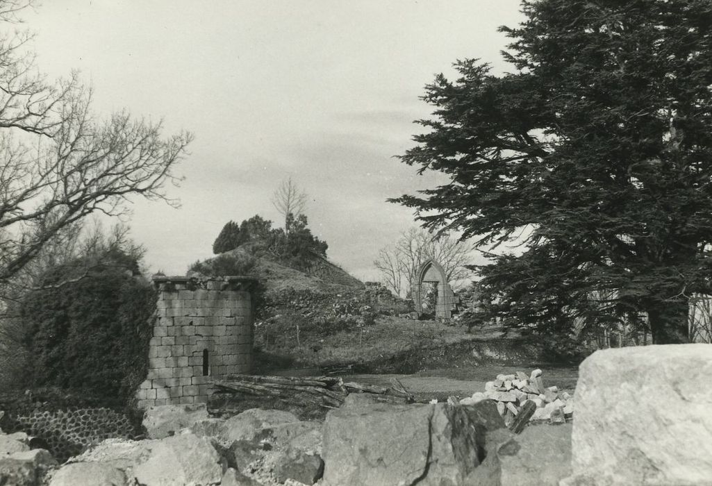 Château de Murat-la-Rabbe : Vue partielle des ruines depuis l’Est (chapelle et motte féodale)