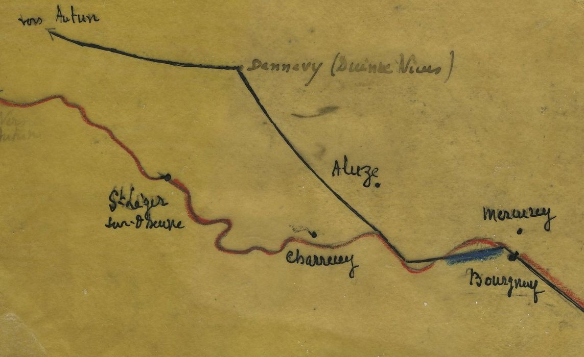 Voie romaine : Vue générale des tracés de la voie romaine (en noir) et de l’actuelle route nationale (en rouge)