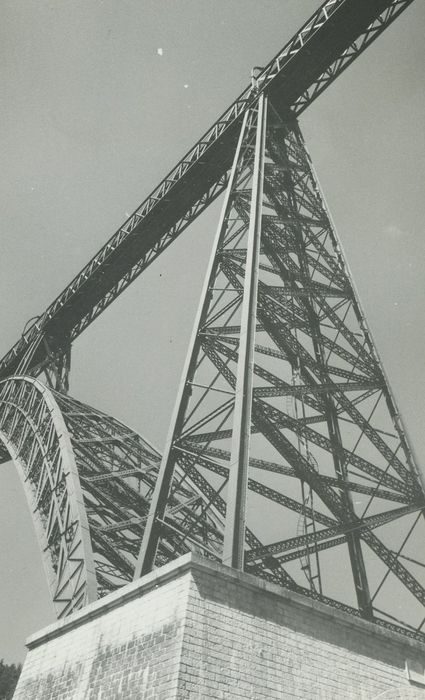 Viaduc de Garabit (également sur commune de Ruynes-en-Margeride) : Vue générale du pylone métallique et la retombée sud de l’arc central