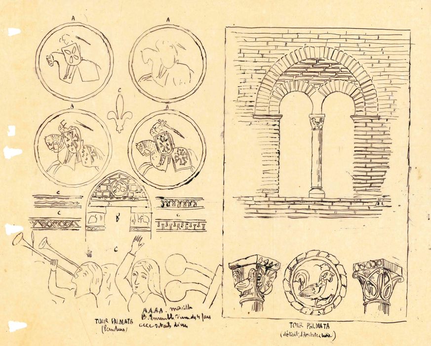 Tour de Palmata : Détails de divers éléments architecturaux décoratifs