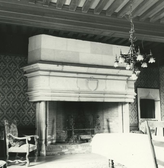 Château d'Arcy : Corps de logis, rez-de-chaussée, cheminée monumentale, vue générale