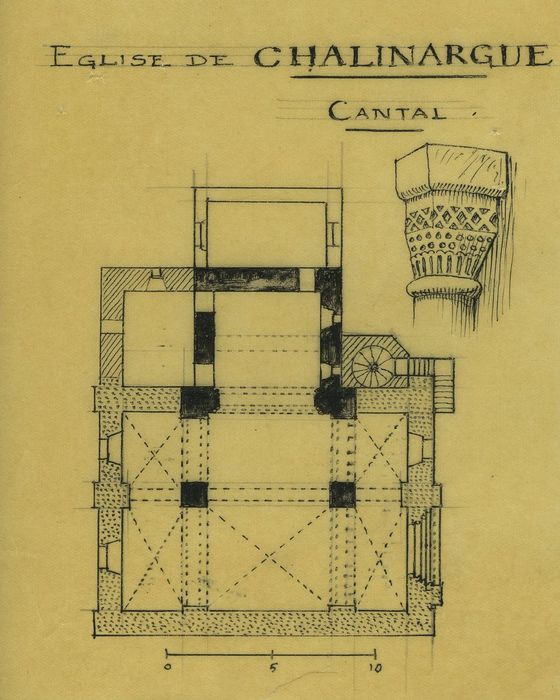 Eglise Saint-Barthélémy : Vue générale du plan, détail d'un chapiteau