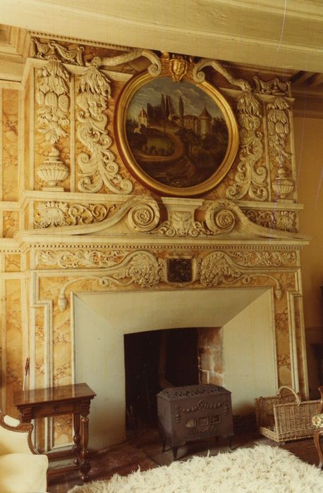 Château d'Antigny : Rez-de-chaussée, salon, cheminée monumentale, vue générale