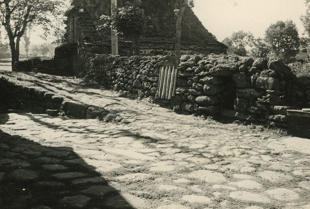 Ferme dite Ferme Perrel : Cour pavée (bûcher, puits, abreuvoir), vue partielle