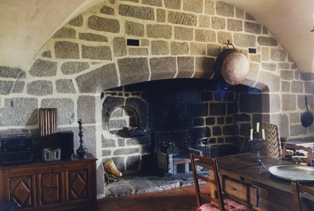 Château fort d'Esplantas : Corps de logis, rez-de-chaussée, ancienne cuisine, cheminée monumentale, vue générale