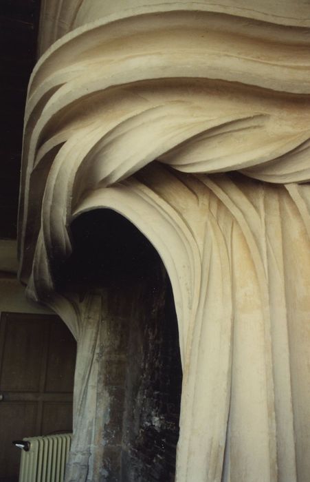 Château de Faulin : logis, 1er étage, cheminée monumentale, détail