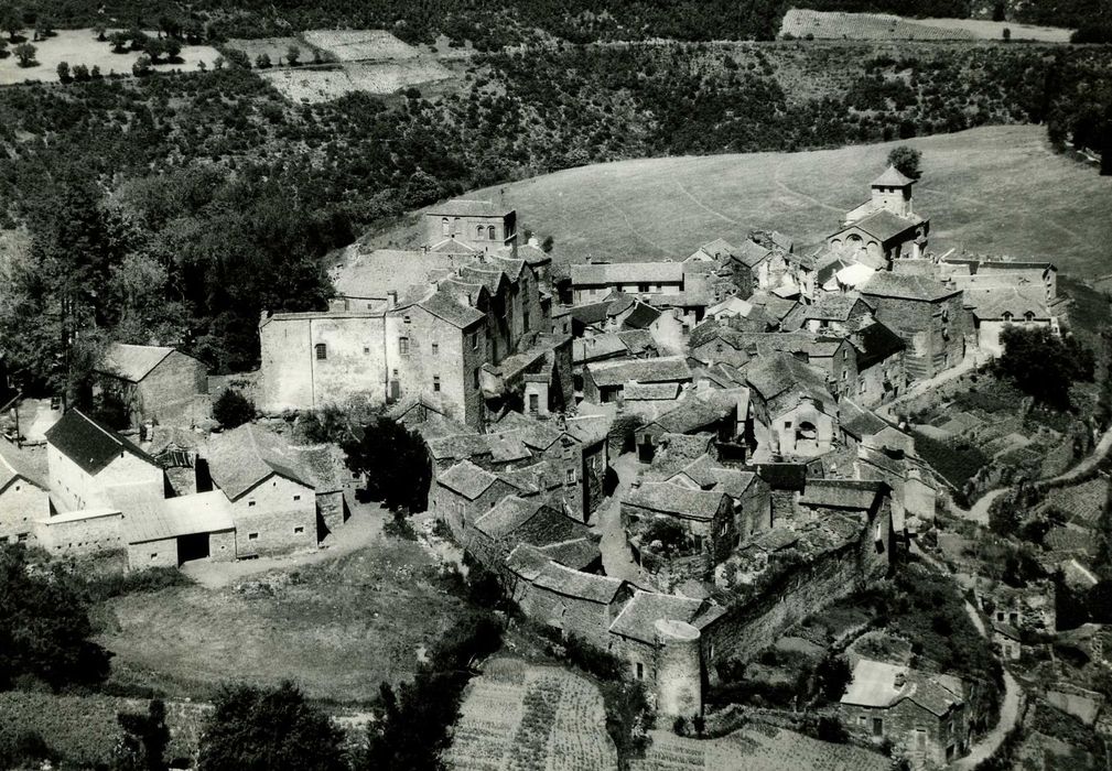 vue aérienne du château, de l’église Saint-Michel et de l’église Notre-Dame dans leur environnement