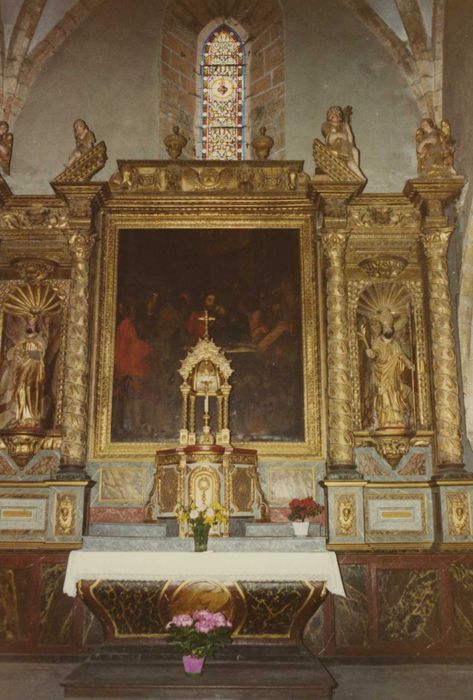 retable, tableau, statues, tabernacle, exposition de l'ancien maître-autel : la Cène, saint Henri, saint Geniez