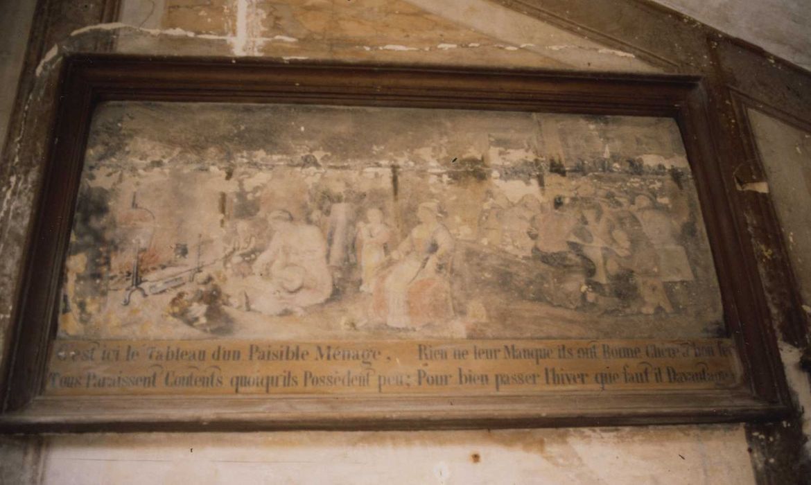 cage d’escalier, rez-de-chaussée, détail d’un tableau : scène domestique