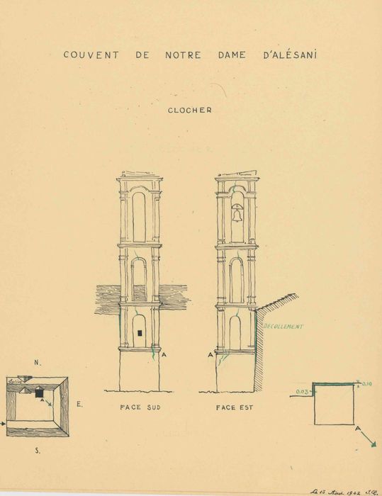 clocher, élévations sud et est (encre sur papier)