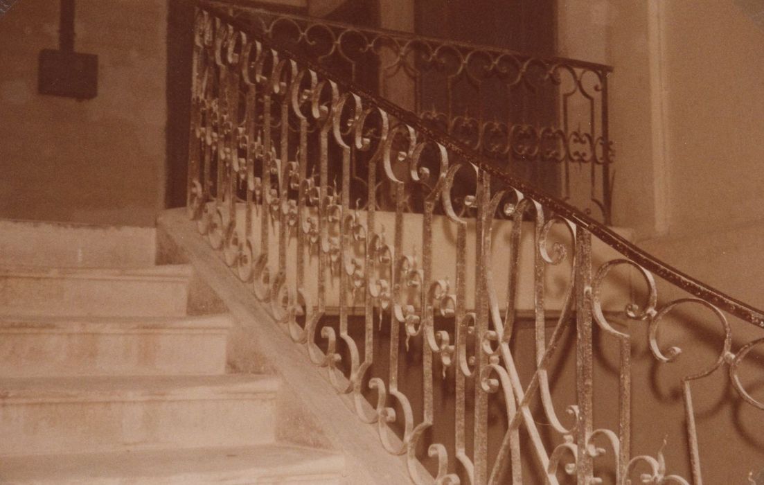 escalier monumental, détail de la rampe en fer forgé