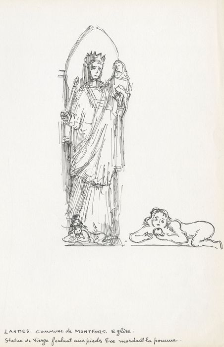 statue : Vierge à l’Enfant foulant Eve (dessin : encre sur papier)